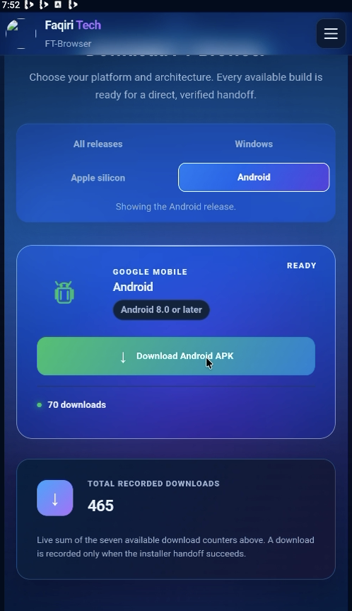 FT-Browser Android APK download screen